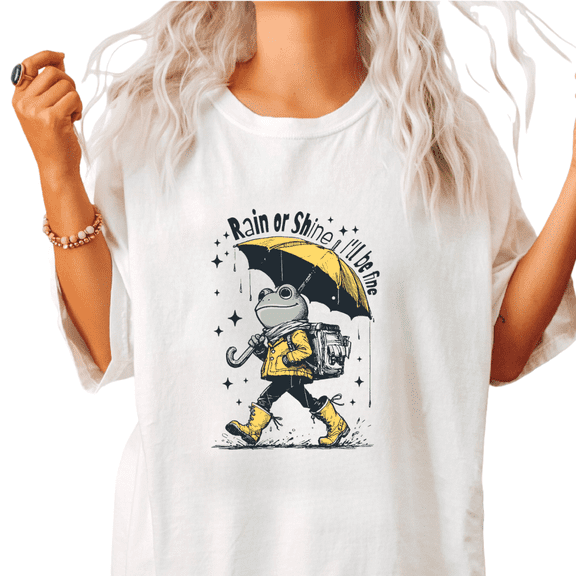 Women's Relaxed Whimsical "Rain or Shine I'll Be Fine" Umbrella Frog Graphic Casual T Shirt Short Sleeve Round Neck Top White S-5XL