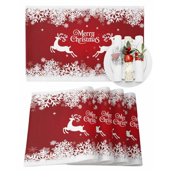 Christmas Deer Placemats Set of 4 Merry Christmas Snowflake Red Heat Insulation Washable Place Mats, Rustic Non-Slip Table Mats for Dining Table Party Kitchen Decor,13x19 Inch