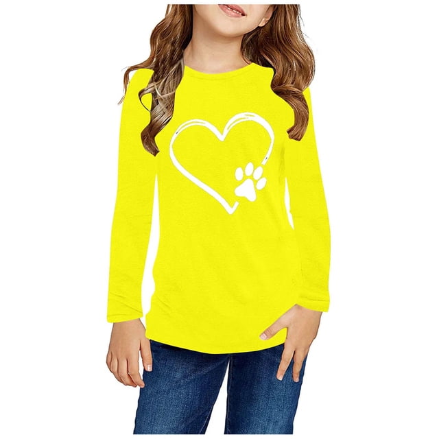 RXIRUCGD Chemises à Manches Longues pour Filles, Col Rond Mignon, Blouses Décontractées Élégantes (Jaune, Taille : 4 Ans)