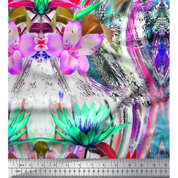 Soimoi Satin Silk Fabric Leaves & Tropical Flower Print Sewing Fabric Yard 42 Inch Wide