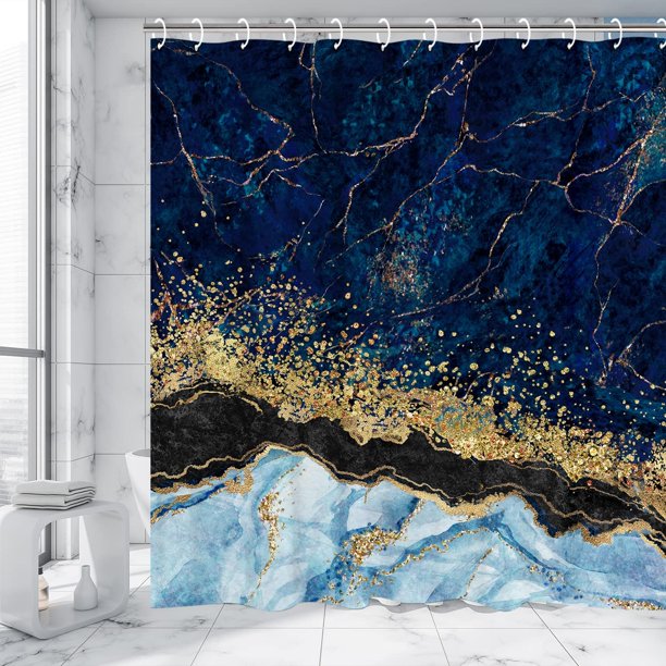 Blue Shower Curtain Marble Shower Curtains Set With 12 Hooks