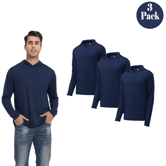Zfeel Dry Fit Men's Hoodie, Lightweight Long Sleeve Polyester Blend Hooded Shirt, Navy, 3 Pack, S