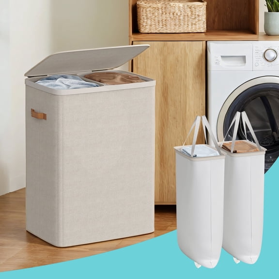 LEDREM 2-Compartment Laundry Hamper with Removable Inner Bags, 44.9 Gal Capacity, Foldable & Easy Assembly, Dust-Proof Lid, Handles for Portability, Cappuccino Beige