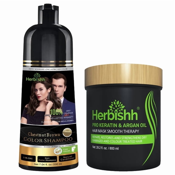 Herbishh Chestnut Brown Shampoo, Hair Dye Shampoo 3 in 1, 100% Grey Coverage, Demi-Permanent Hair Color for Men & Women, With Hair Mask Cream Combo
