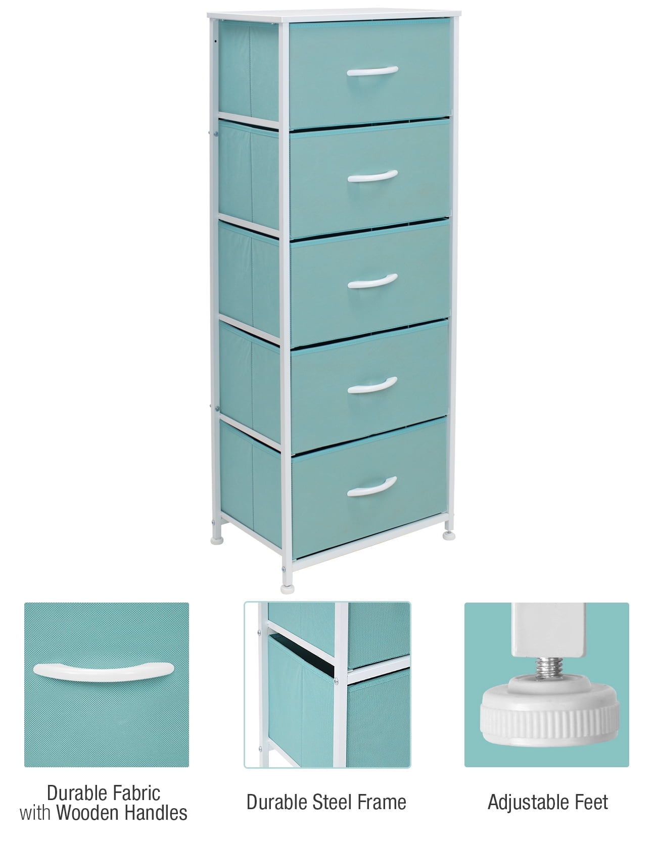 Sorbus Wood Handle 5 Drawers Closet Drawer Organizers, Aqua