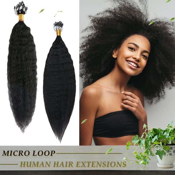 MY-LADY 100% Remy Real Human Hair Extensions Micror Loop Kinky Straight Yaki Straight Hair Hairpiece for African American Black Women 110g/Set 16inch Natural Black