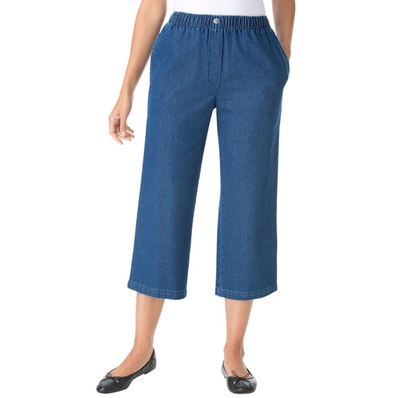 Woman Within Plus Size Petite 7-Day Elastic-Waist Pull-On Cotton Denim Capri Jeans