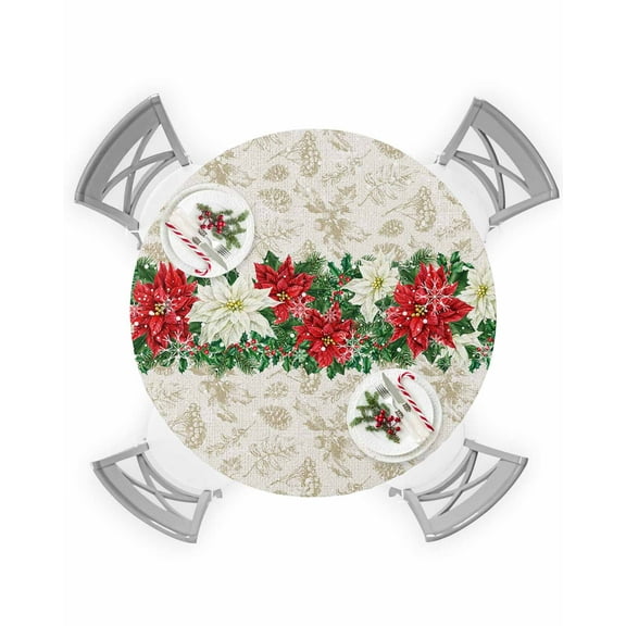 Fitted Round Tablecloths Table Covers 55-60in,Christmas Poinsettia Floral Pine Branch Waterproof Elastic Edged Table Cloth for Kitchen Dining Holiday Party Tables Decor,Vintage Linen Red Border