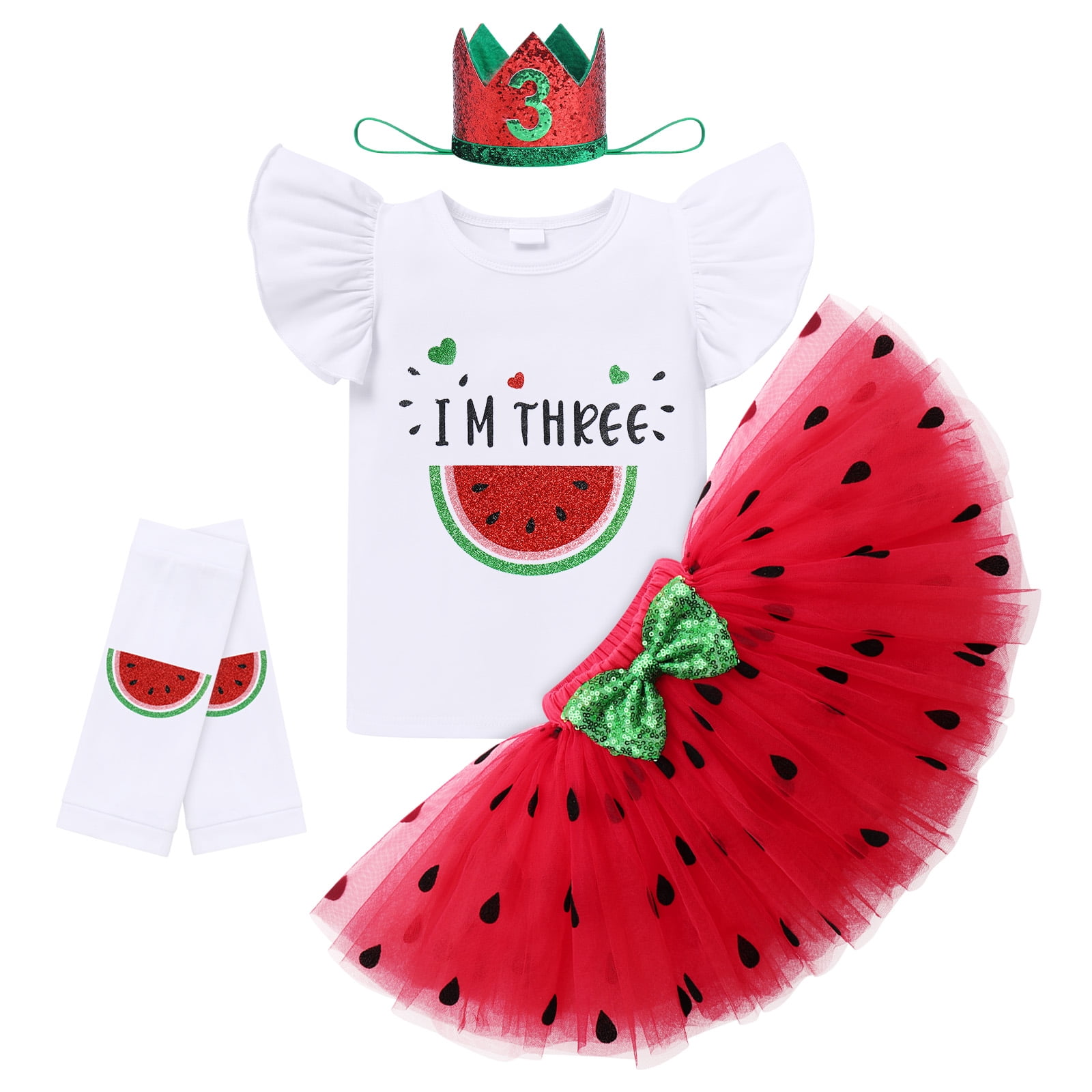 IBTOM CASTLE Baby Girls Watermelon 1st/2nd Birthday Outfit Princess Ruffle Romper Tutu Skirt Leggings Headband 4pcs Clothes Set 36 Months Red-I'm Three