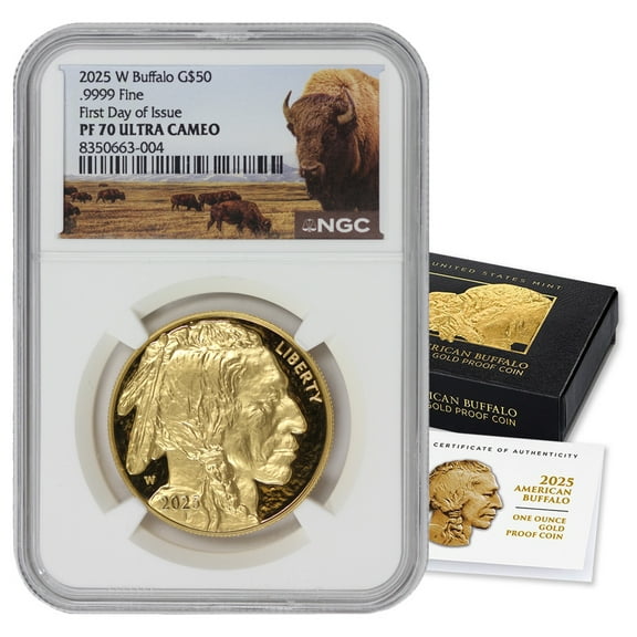 2025-W $50 Gold Buffalo NGC PF70 Ultra Cameo First Day of Issue Bison Label with Original Government Packaging U.S. Mint Coin