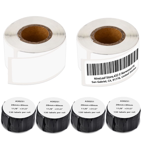 NineLeaf 6 Rolls Compatible for DYMO LW 30251 1-1/8 in x 3-1/2 in Premium White Address Barcode Labels, 130 Labels Per Roll