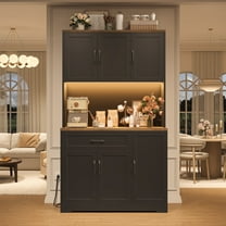 Hiphuta 71”Tall Modern Pantry Cabinet with Power Outlet & LED, Freestanding Kitchen Hutch Cabinet for Dining Room, Black