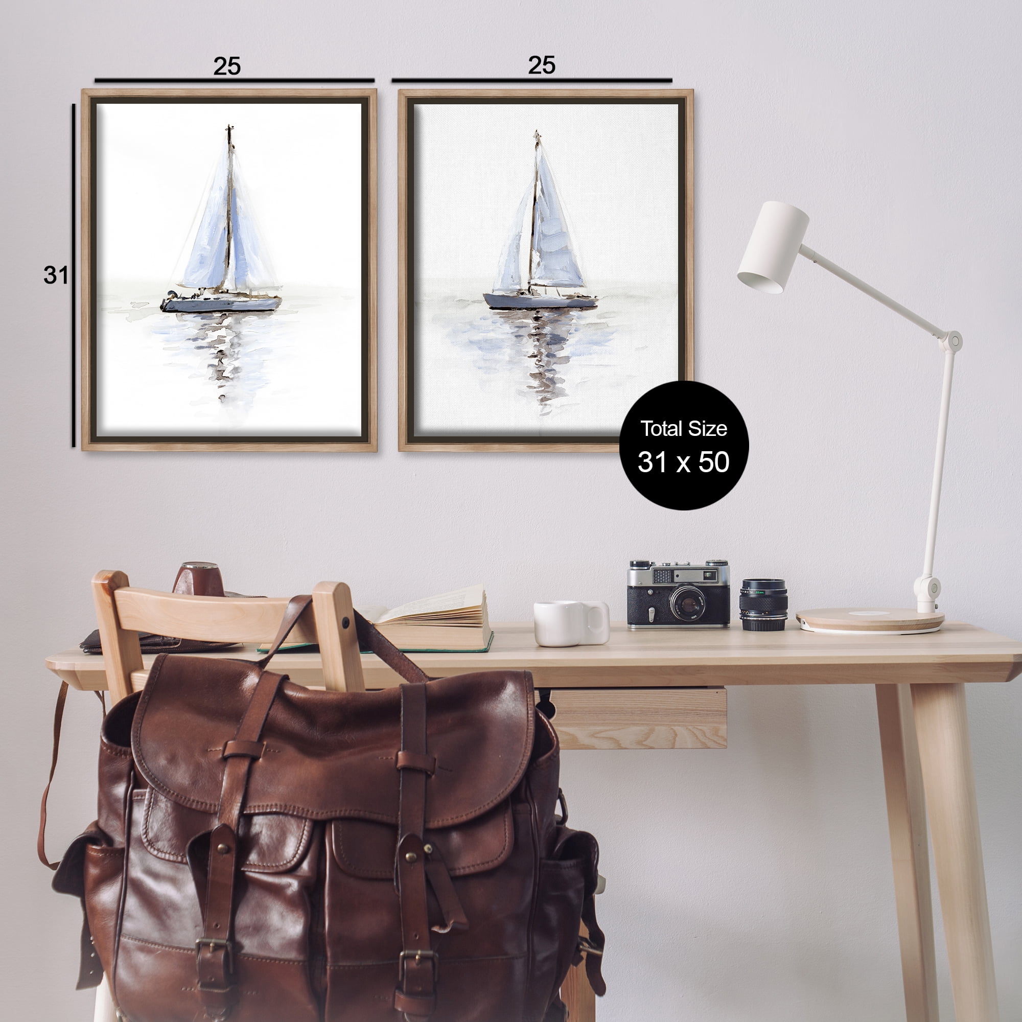 Stupell Industries Watercolor Sailboat Calm Water Transportation Painting Brown Floater Framed Canvas Art Print Wall Art, 31 x 25, Set of 2