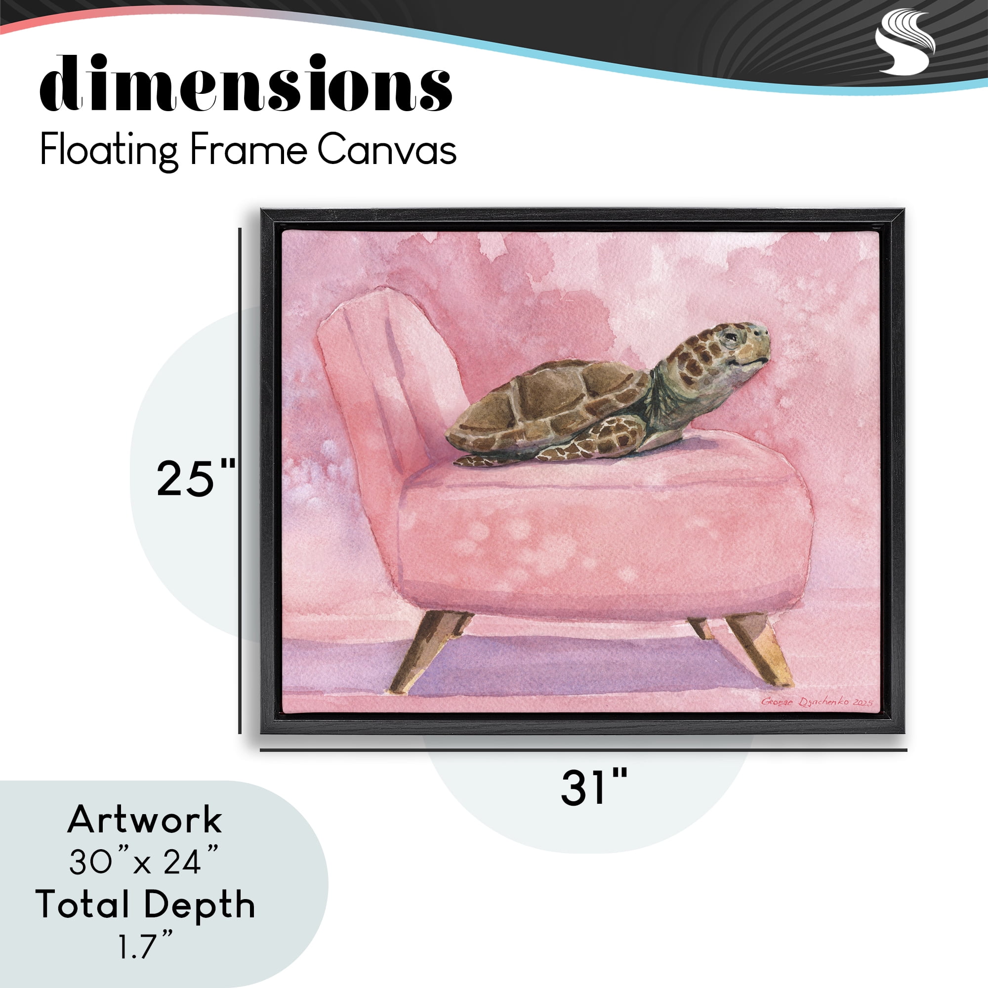 Stupell Industries Happy Turtle on Pink Chair Black Framed Floater Canvas Wall Art, design by George Dyachenko