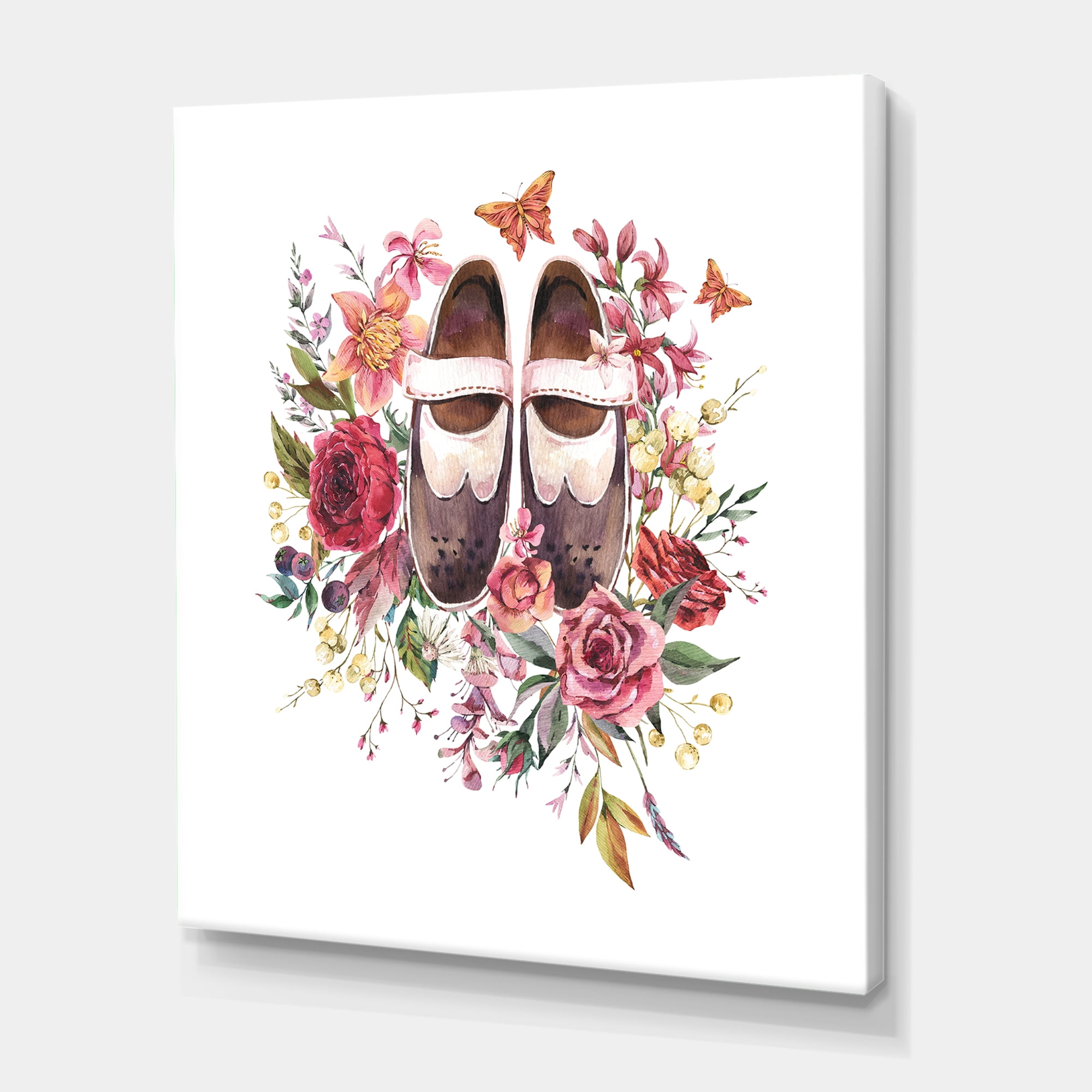 Designart ' Wildflowers With Ancient Oxford Shoes ' Farmhouse Canvas Wall Art Print