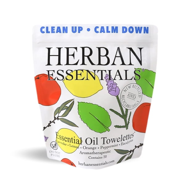 Herban Essentials Toallitas surtidas - Toallitas de aceite esencial para manos Toallitas faciales de viaje - Toallitas húmedas naturales para manos Toallitas corporales envueltas individualmente - 20