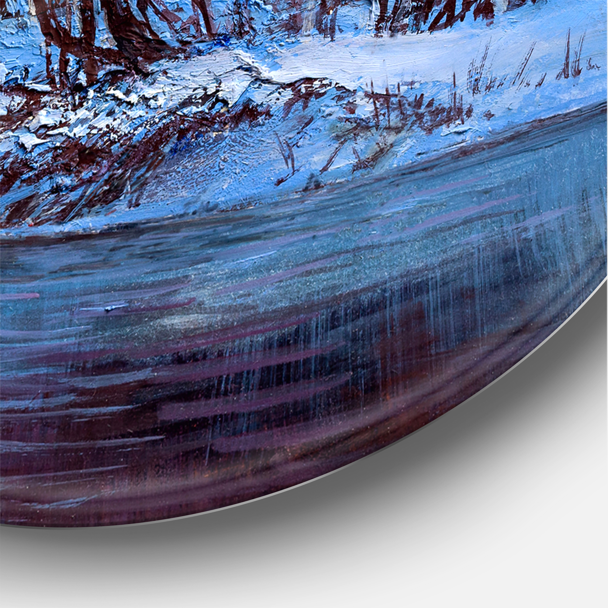 Designart 'Bridge Of Meandering River With Winter Scenery I' Lake House Circle Metal Wall Art 29x29 - Disc of 29