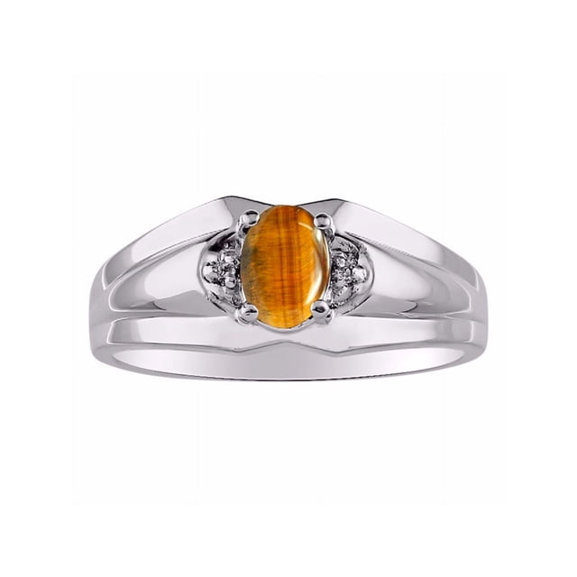 RYLOS Mens Rings Sterling Silver Classic Design 7X5MM Oval Gemstone & Diamond Tiger Eye November Birthstone Ring Size 9