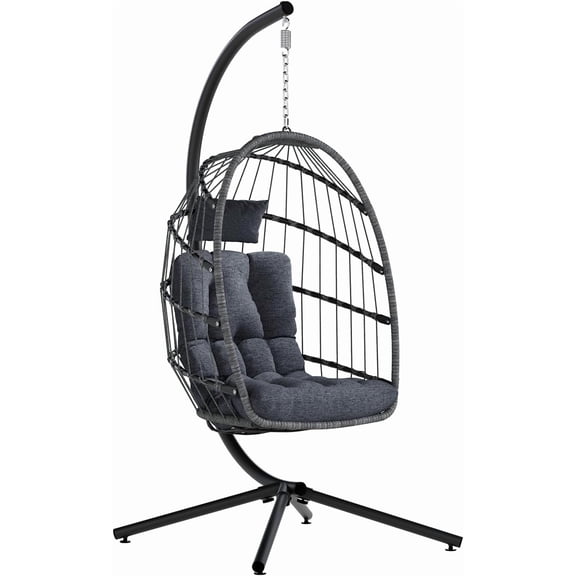 Egg Chair Outdoor with Stand, Indoor Wicker Hanging Egg Swing Chair with Cushion, 350lbs Capacity for Patio, Bedroom, Garden - Dark Grey