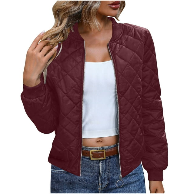 Annhoo Down Jacket for Women Solid Color Long Sleeve Stand Collar Full-Zipper Quilted Jacket Fall Winter Outdoor Coat