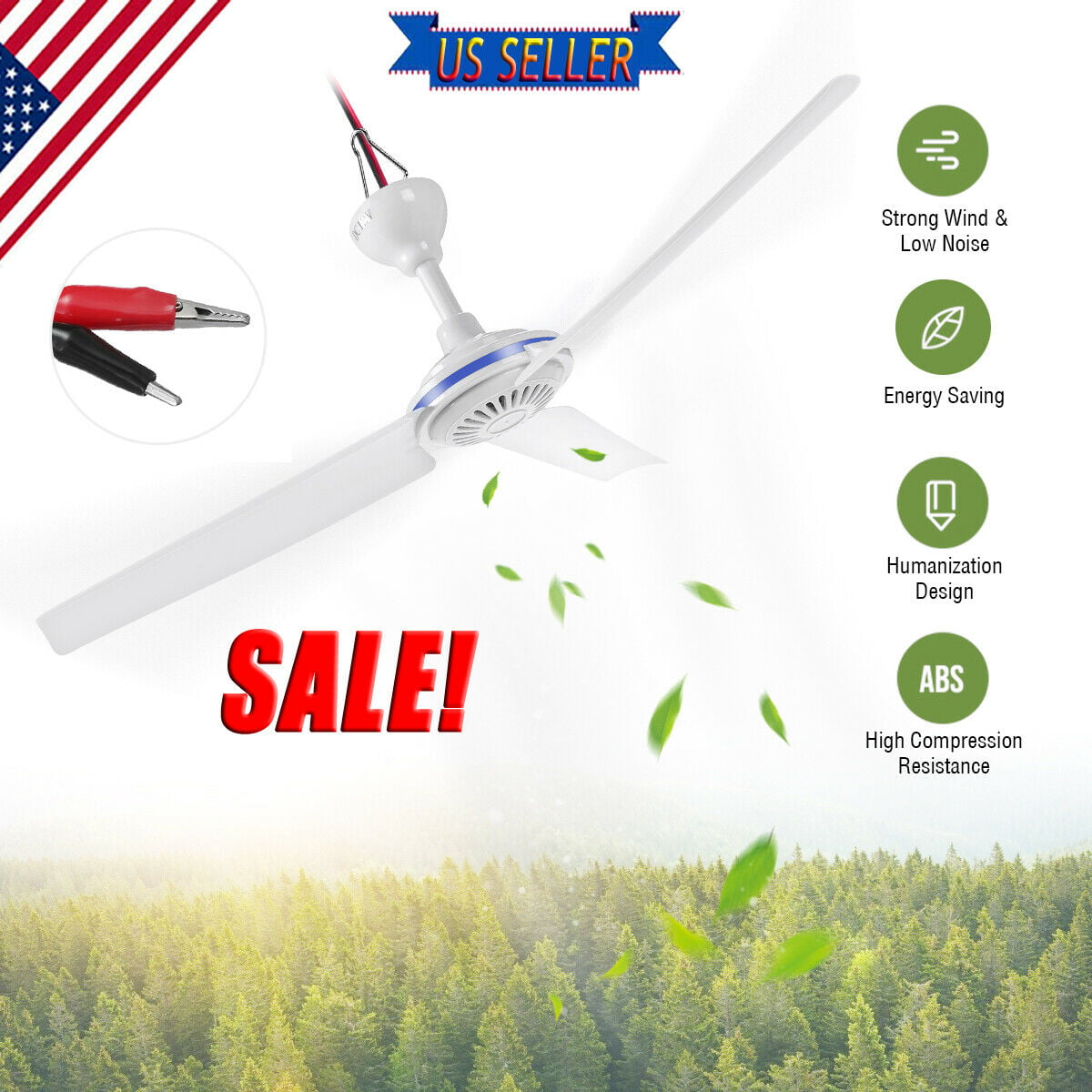 12V 20'' Solar Ceiling Fan Portable 3 Blade with 6W Switch Caravan Camping USA 