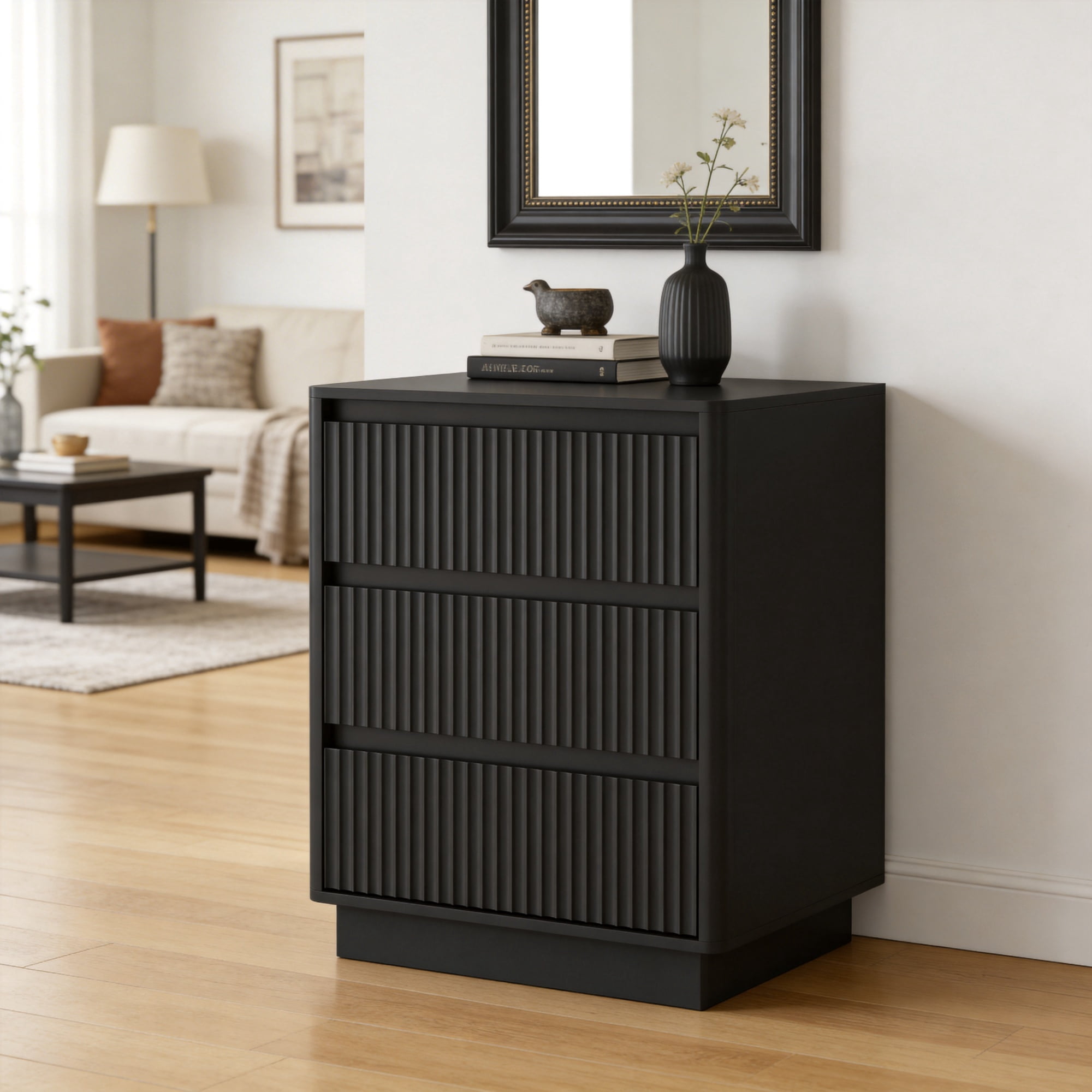 Leumius 3-Drawer Small Nightstand Set of 2 with Charging Station,Modern Sofa Side Table End Table Wood Storage Cabinet for Living Room,Bedroom,Office,Black