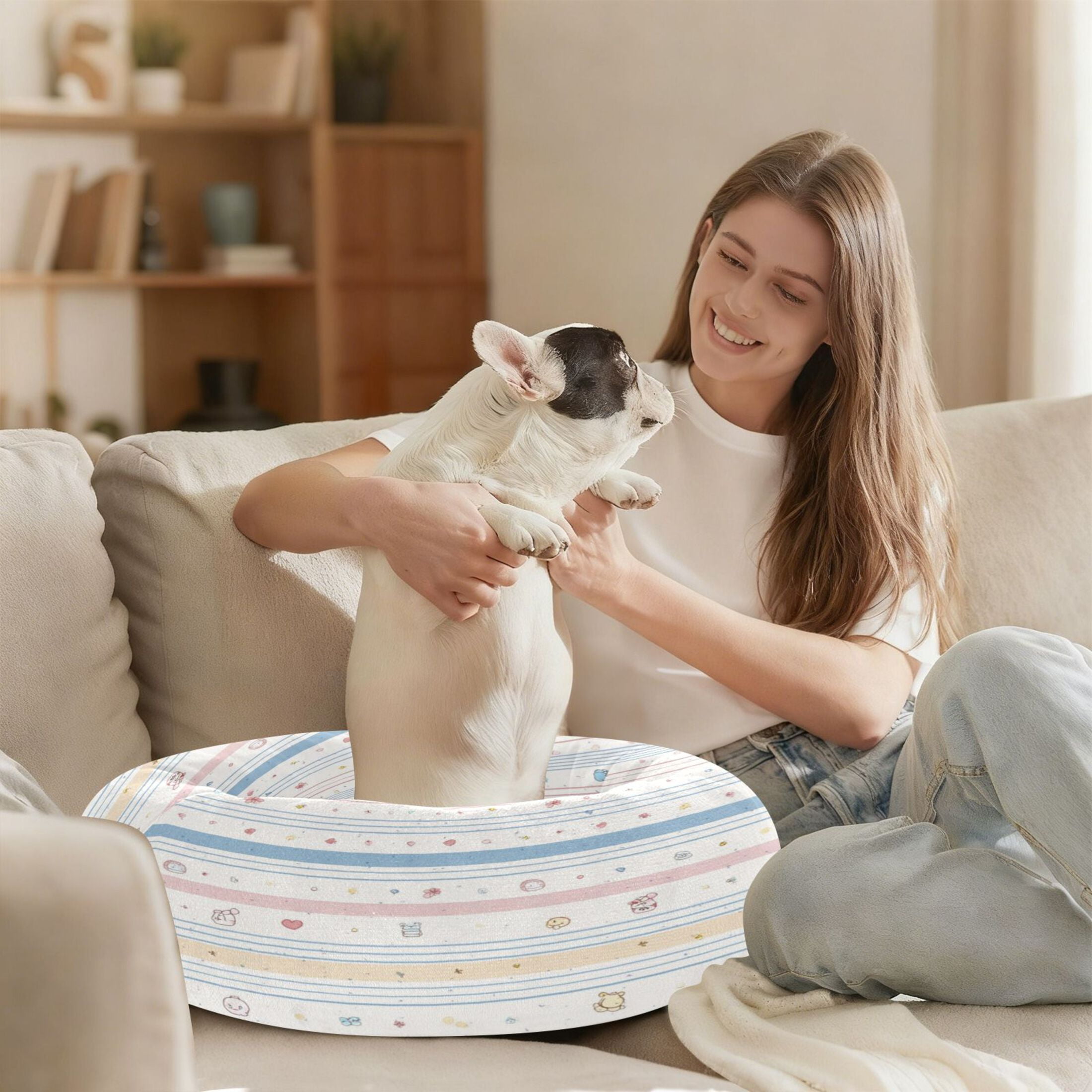 Iauyy Pet Couch Donut Cat Bed for Indoor Cats/Small Dogs Washable & Machine with Non-slip Bottom Calming Cat Furniture, Retro Stripes (S)