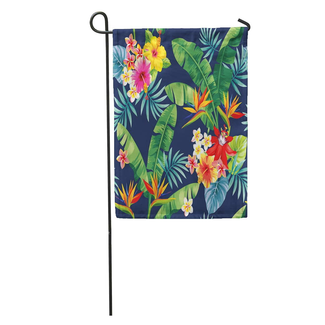 LADDKE Blue Floral Palm Leaves and Tropical Flowers Green Pattern Aloha ...