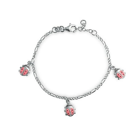 Girls Pink Enamel Ladybugs Charm Bracelet 925 Silver 6in