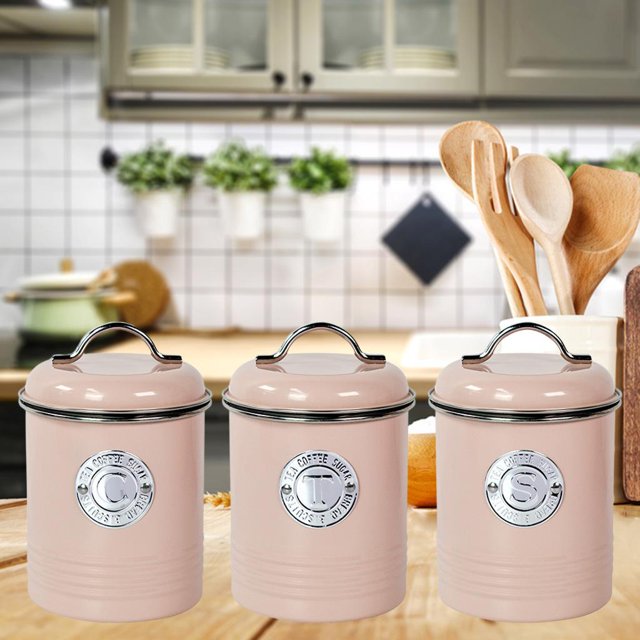 Juego de tarros de almacenamiento de cocina, 3 uds, botes organizadores domésticos para ajo, mostrador de cocina, patatas, té, café, comida, harina, rosado Macarena Tarros de almacenamiento