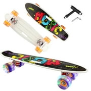 22" Complete Mini Cruiser Skateboard for Beginners Youths Teens Girls Boys with LED Wheels, with All-in-One T-Tool (Wow)