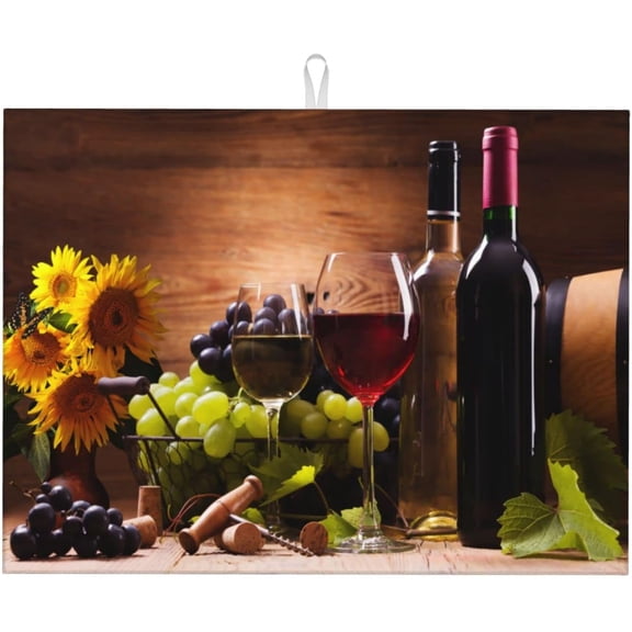 Red Wine Grape Vintage Wooden sunflower Microfiber Absorbent Reversible Dish Drying Mat For Kitchen Counter Xl Large Pad 18 X 24 Inch