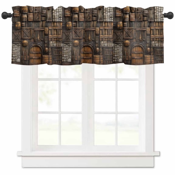 Rod Pocket Window Valances Vintage Medieval Wooden Door Short Kitchen Curtains Farmhouse Stone Window Treatment Drapes for Bedroom Bathroom Living Room 54x18In,1 Panel