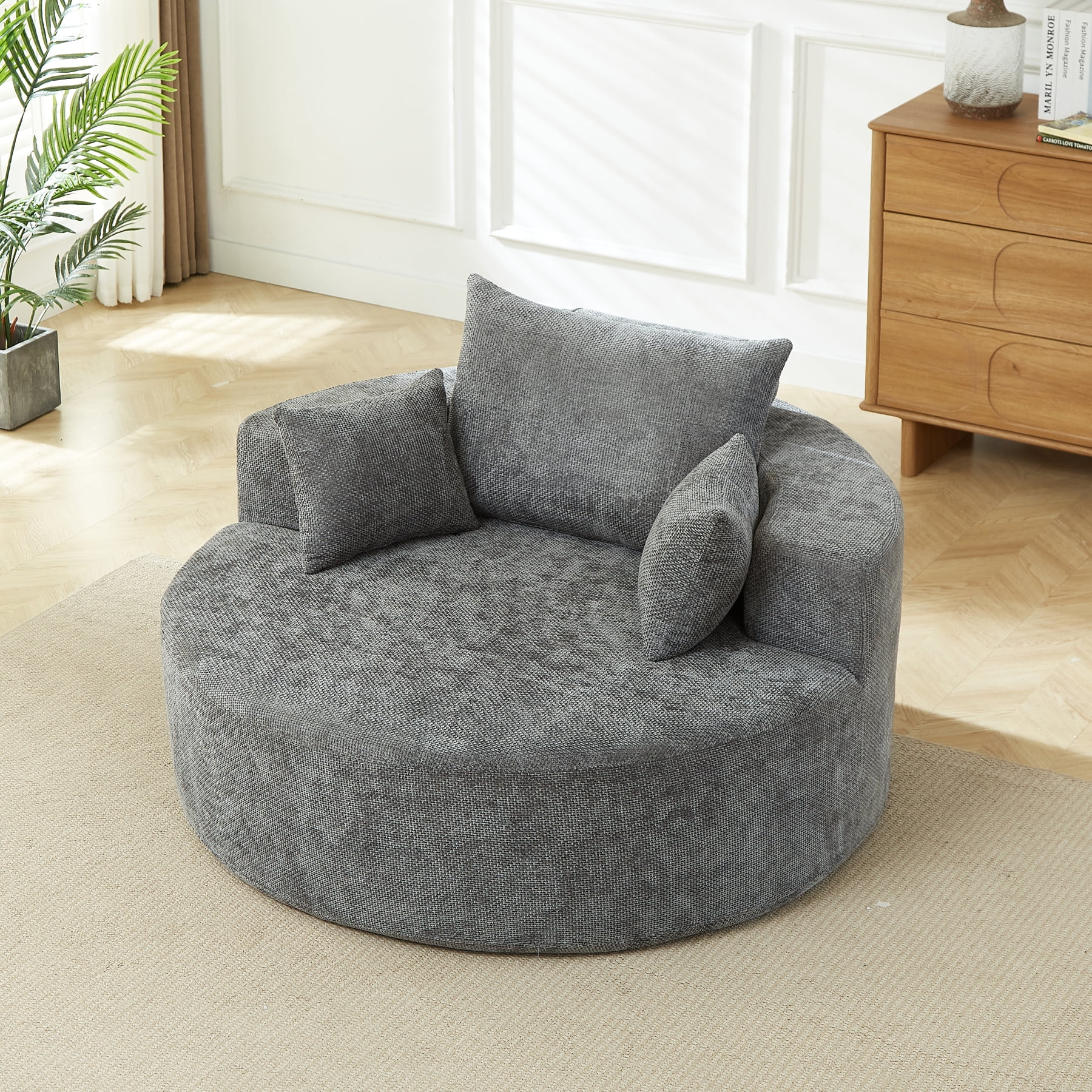 Leumius 55'' Oversized Round Chaise Longue Chair,Upholstered Chenille Single Cloud Circle Sofa Chair with Deep Seat,Fluffy Modern Sleeper Sofa Bed for Reading,Living Room,Bedroom,