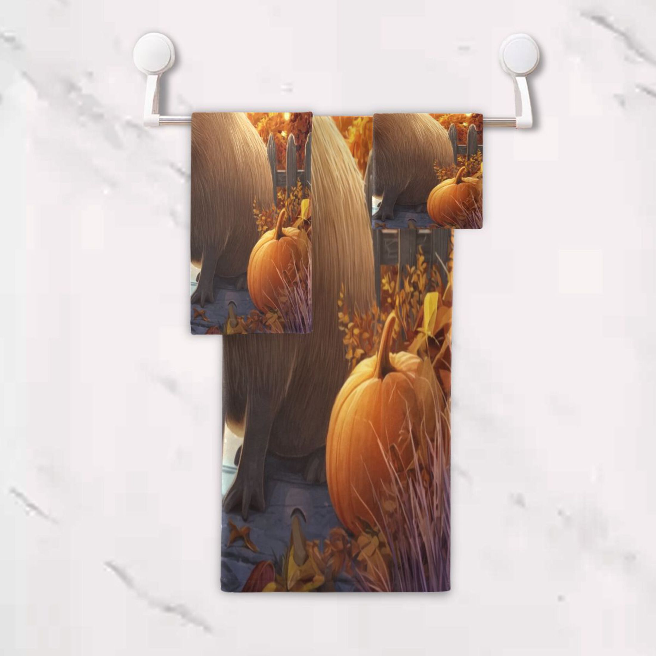 3 Piece Bath Towels Set Bath Towel, Hand Towel and Face Towel for Bathroom, Gym, Hotel Capybara with Pumpkins and Leaves