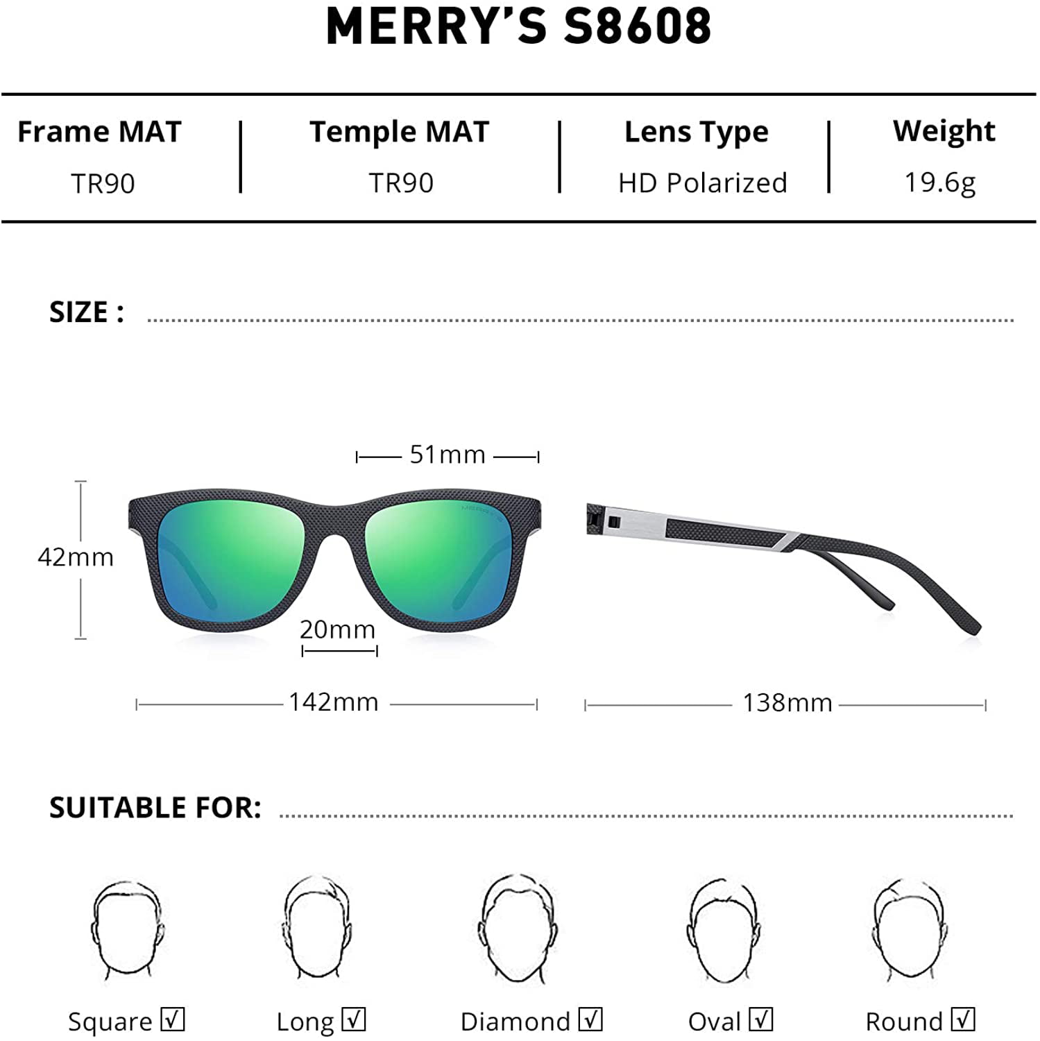 MERRY'S Unisex Polarized Sunglasses for lovers Lightweight TR90 Frame Square Sun Glasses for Men/Women 