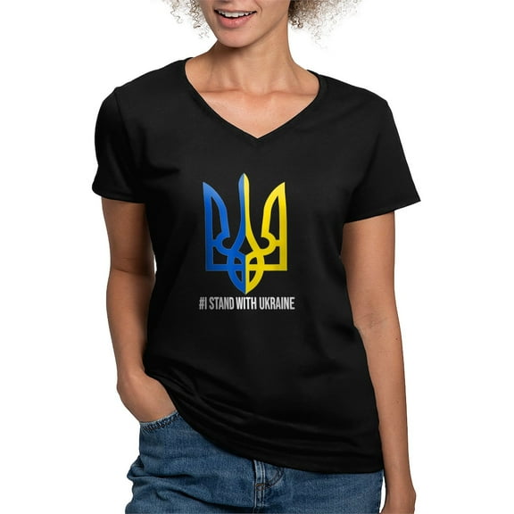CafePress - I Stand With Ukraine Flag Support Ukraine T Shirt - Women's V-Neck Dark T-Shirt