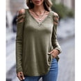 thumbnail image 4 of Mujer Manga Larga Top Cuello En V Cremallera Hombro Frío Color Puro Tipo Suelto Camiseta Casual OD Verde L, 4 of 6