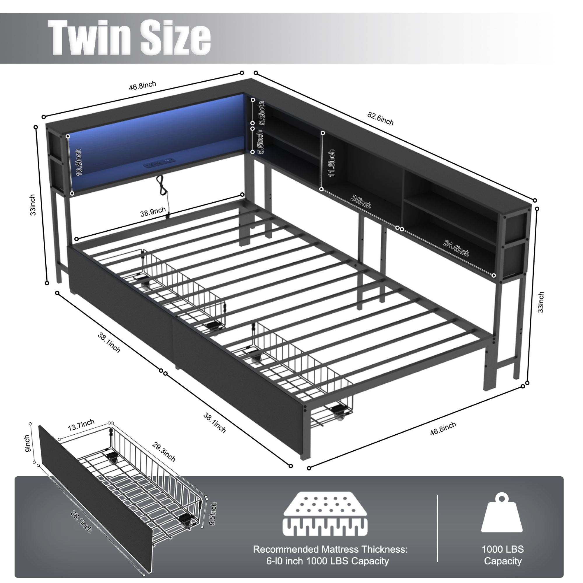 Leumius Corner Twin Bed Frame with Storage Drawers, Bookcase Headboard, LED Lighting & USB Charging Station,Twin Size Daybed for Kids Teens,Black