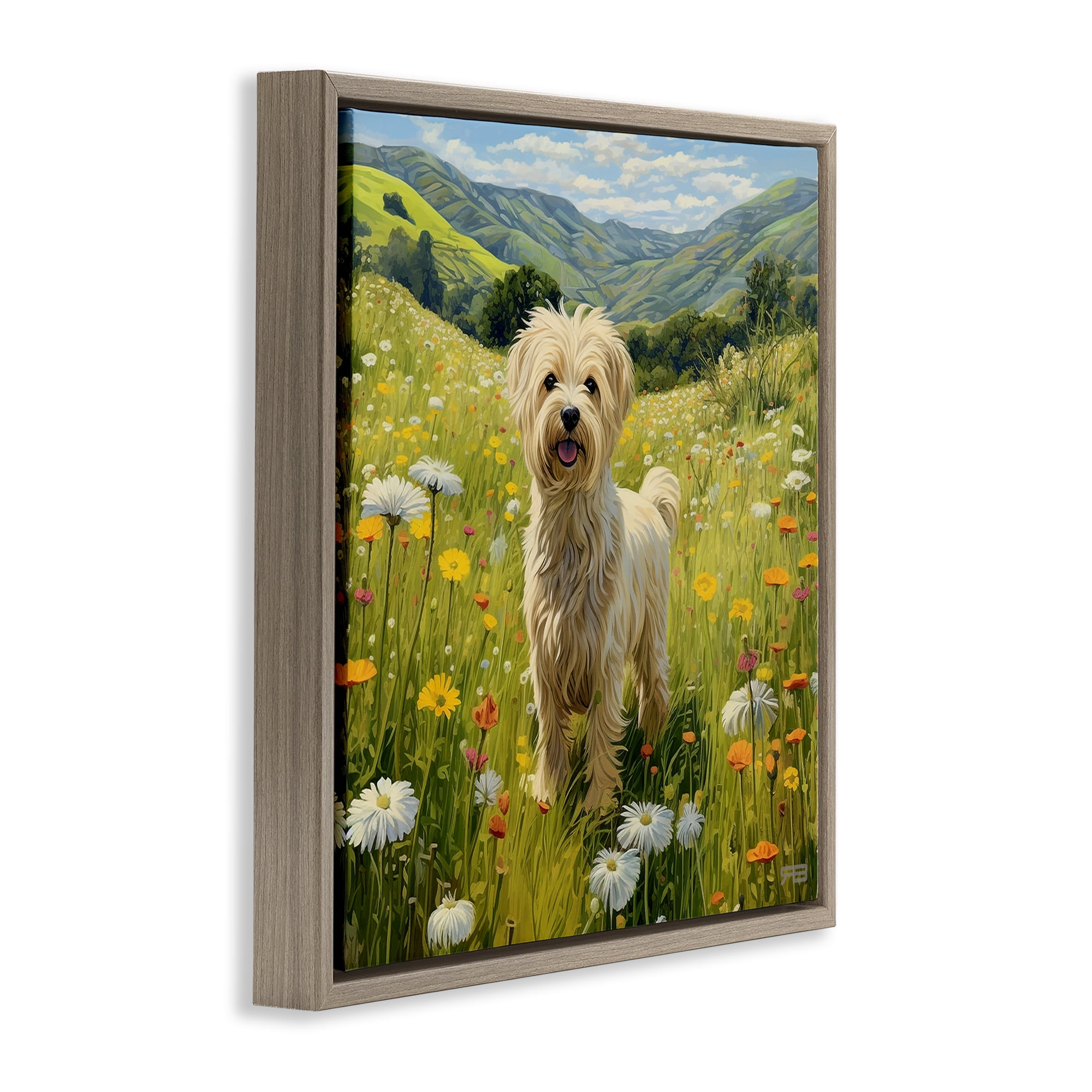 Stupell Industries Terrier Dog Rural Meadow Landscape Painting Brown Floater Framed Canvas Art Print Wall Art, 25 x 25