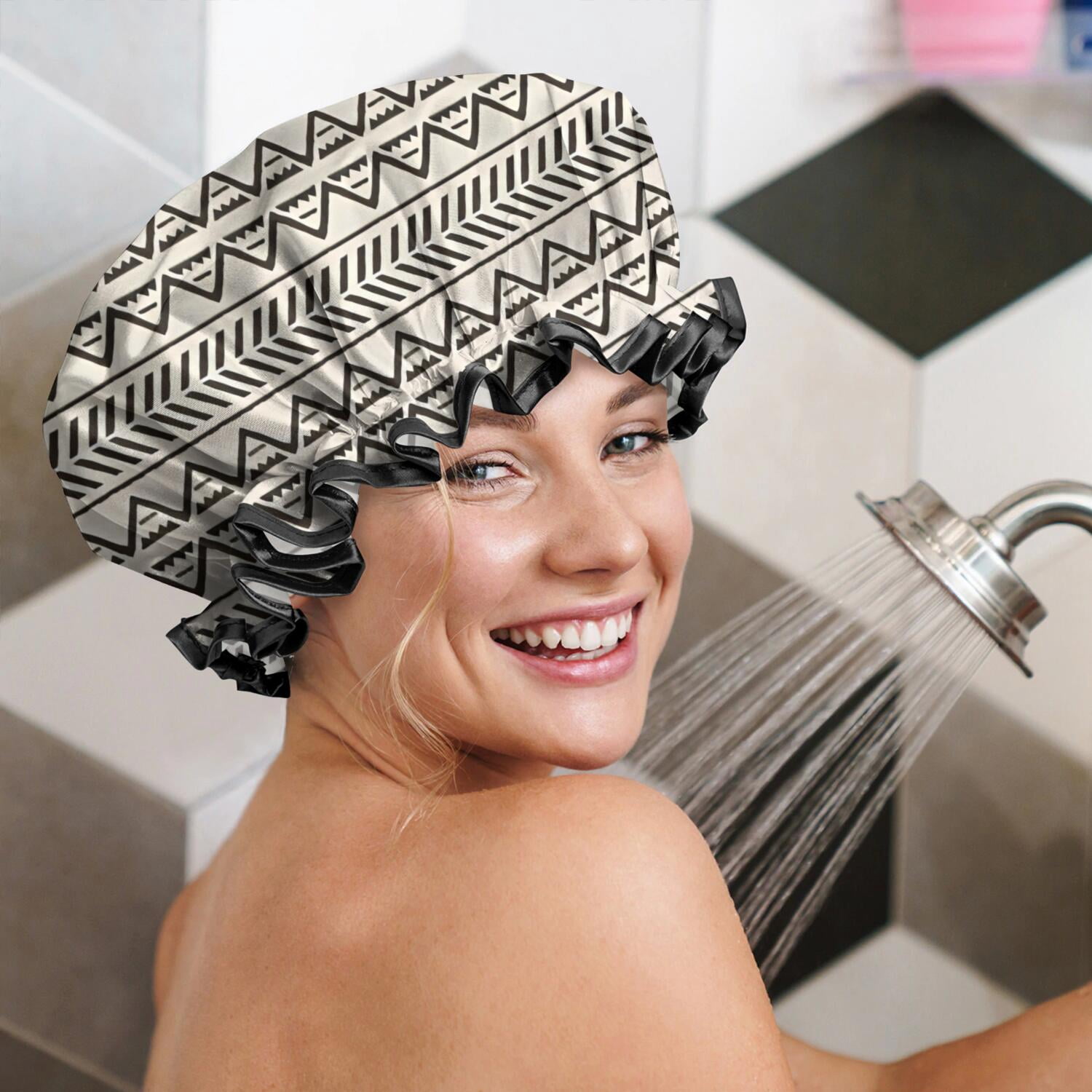 Shower Caps,White Geometric Triangle Chevron Pattern Waterproof Shower Cap for Women 4 Pieces,Double Reusable Hair Cover for Shower PEVA Elastic Stretch Hem