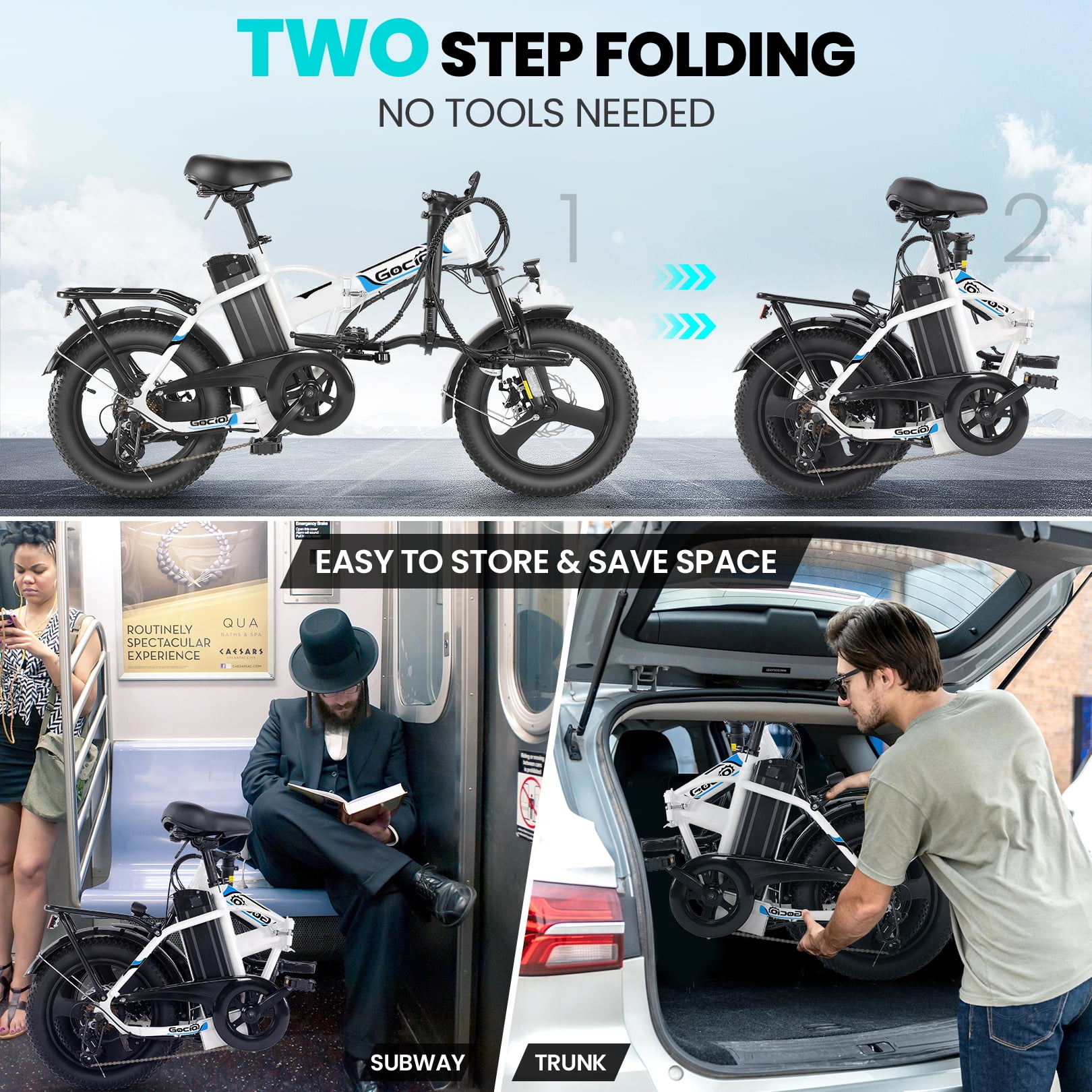 Gocio Peak 750W Electric Bike, 16" x 3.0 One-Piece Fat Tire Foldable Electric Bicycle for Adults Women, 48V 374.4Wh Removable Battery Ebikes, 20MPH Commuter E Bike for Teenager UL2849 Certified