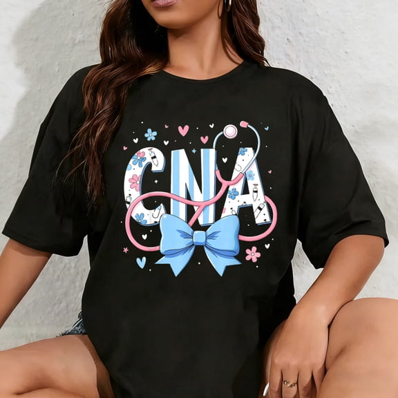 100% Cotton Coquette CNA Nurse Blue Floral Stethoscope Bow Cute Nurse T-Shirt