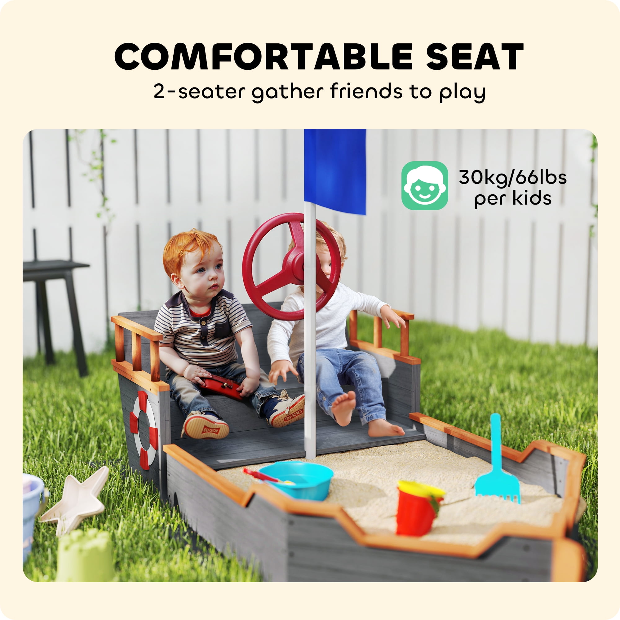 Kids Pirate Ship Sandbox with Bench Seat, Fir Wood Play Boat Sandbox with Flag Wheel Life Ring Decor, Hidden Storage Compartment, Bottomless Design for 3-6 Years Old