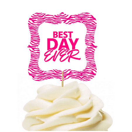 12pack Best Day Ever Pink Zebra Cupcake Desert Appetizer Food Picks for Weddings, Birthdays, Baby Showers, Events &
