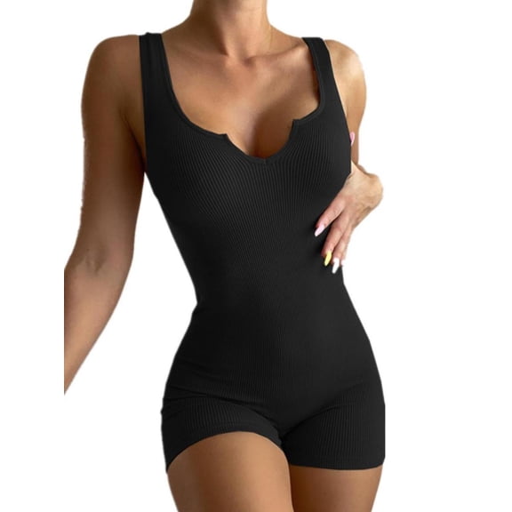 Women's Ribbed Knit V Neck Jumpsuit, Sleeveless One Piece Workout Bodysuit for Yoga, Fitness and Activewear