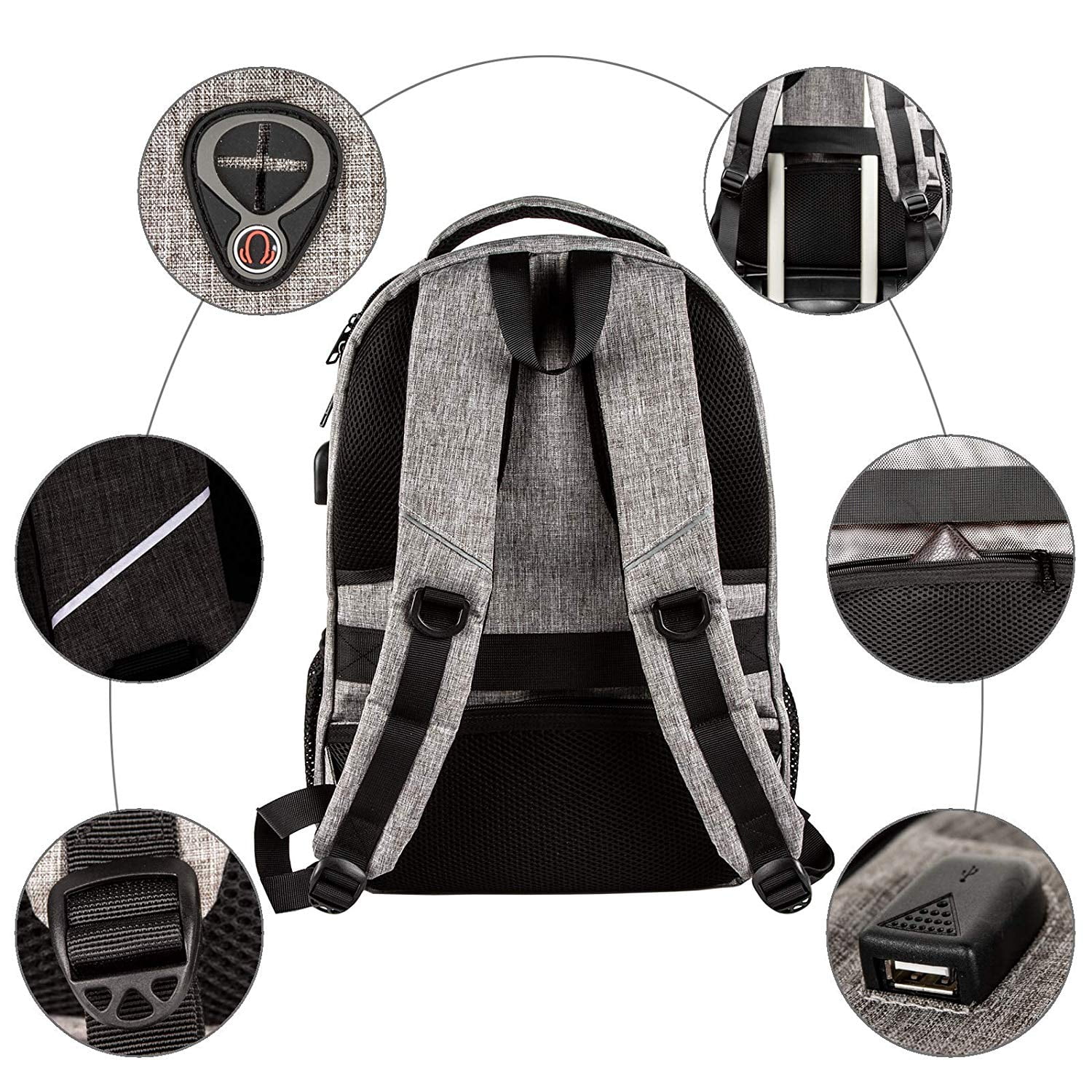 OPACK Large Padded Backpack for Adults, Anti-Theft RFID, USB Port, Suitable for 17" Laptop