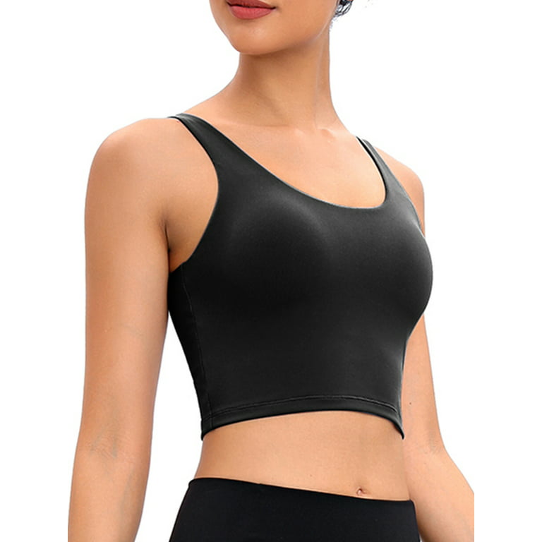 Longline Sports Bras for Women,Spaghetti Straps Padded Crop Tank Top with  Built in Bra Medium Impact Workout Yoga Gym Tops