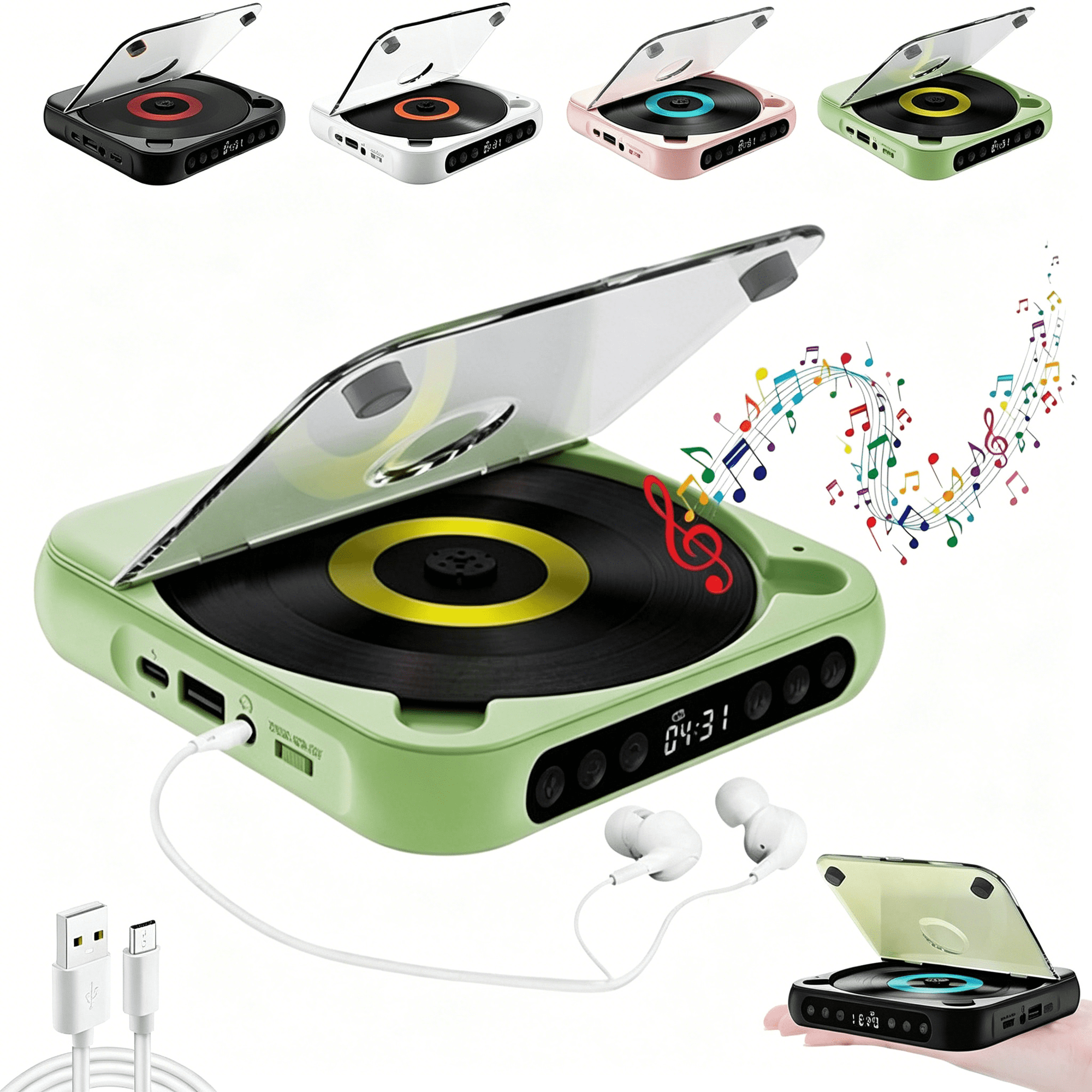 GJX Portable Bluetooth-Compatible Cd Player,Home Rechargeable Compact Cd Player Built-In Hifi Speakers with Timer and Lcd Screen Display,Supports Cd/Aux/Usb and Repeat Modes (Green)