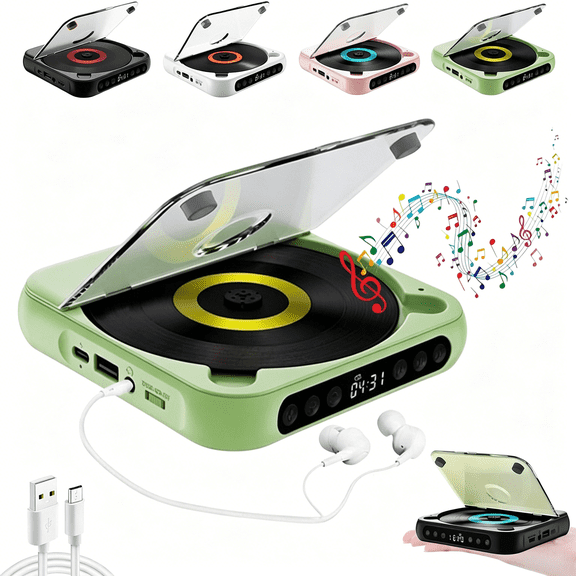 GJX Portable Bluetooth-Compatible Cd Player,Home Rechargeable Compact Cd Player Built-In Hifi Speakers with Timer and Lcd Screen Display,Supports Cd/Aux/Usb and Repeat Modes (Green)